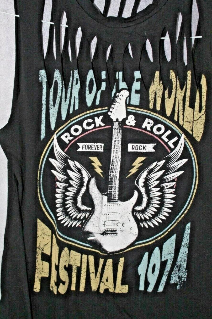 GAZE Tank Top Womens M Black Shredded Rock & Roll Graphic Tour Festival 1974